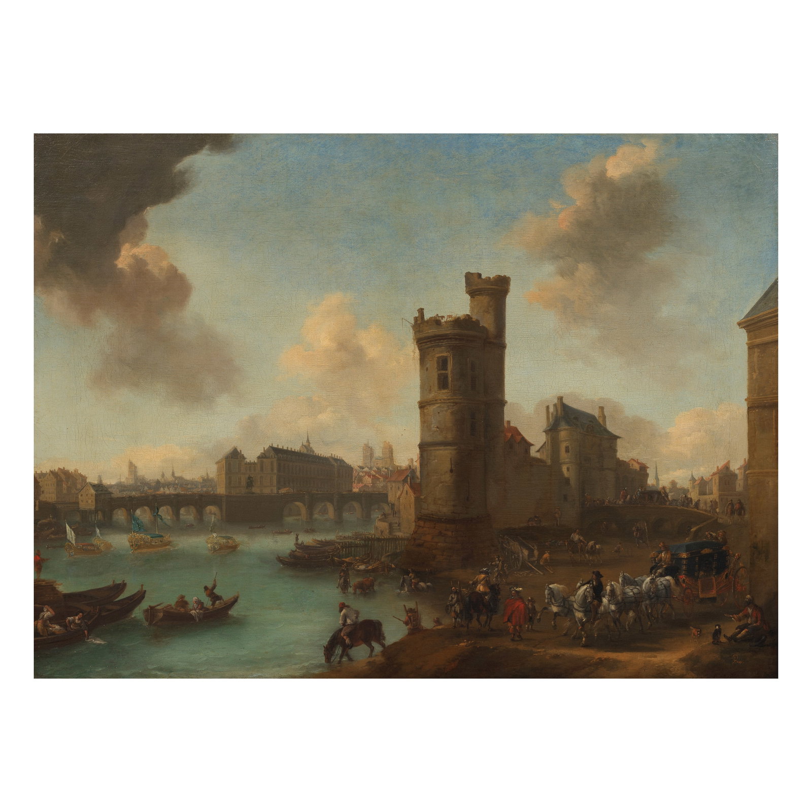 Pieter Wouwerman (Haarlem 1623-1682 Amsterdam) View of the Tower of Nesle and the Pont Neuf: Pieter Wouwerman (Haarlem 1623-1682 Amsterdam) View of the Tower of Nesle and the Pont Neuf signed with monogram 'PW' (lower right) oil on canvas 74 x 99.7cm (29 1/8 x 39 1/4in). Footnotes: