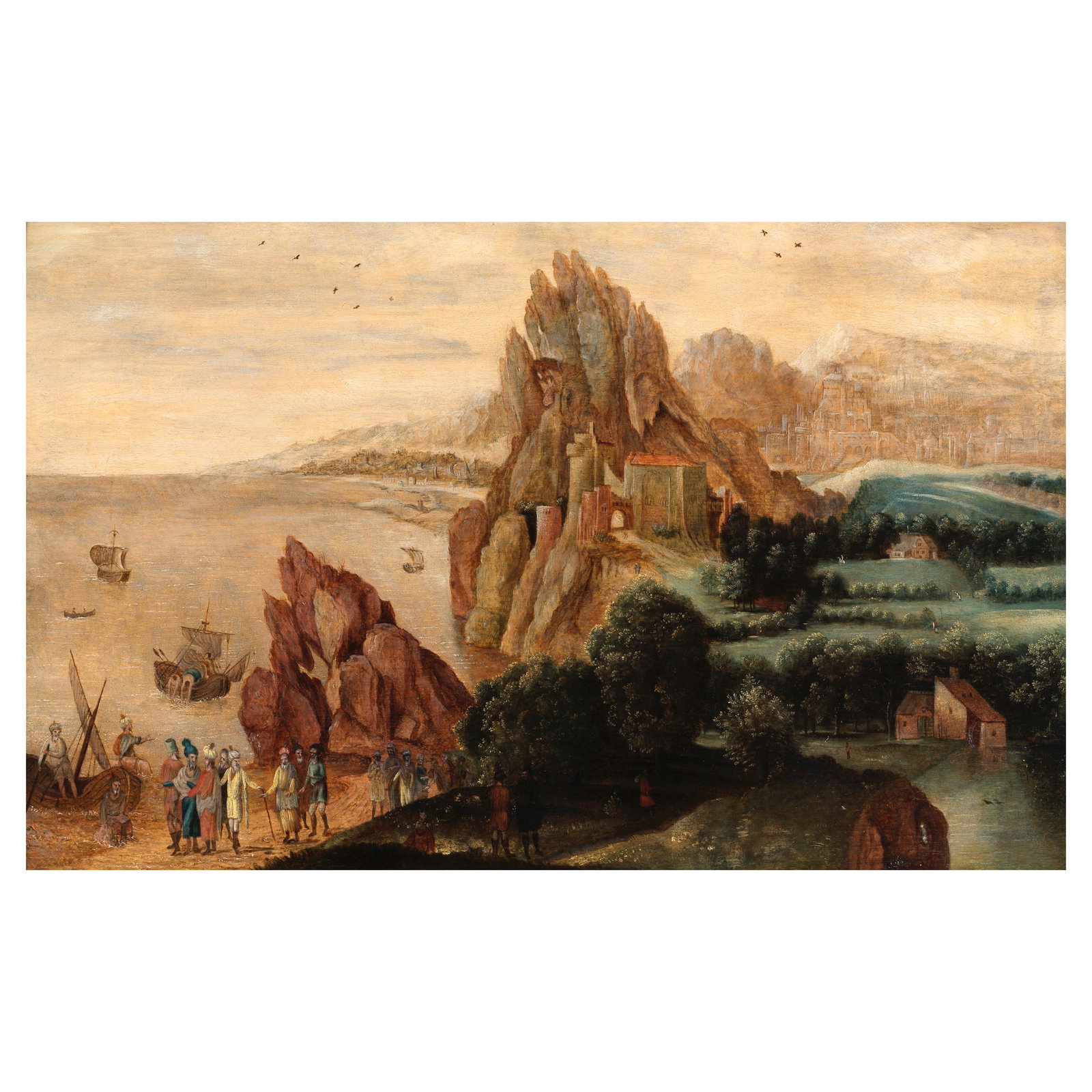 Workshop of Henri met de Bles (Bouvignes-sur-Meuse circa 1510-1550 Antwerp) A gathering of merch...: Workshop of Henri met de Bles (Bouvignes-sur-Meuse circa 1510-1550 Antwerp) A gathering of merchants and fisherman before an extensive landscape oil on panel 28.3 x 44.2cm (11 1/8 x 17 3/8in). Footnot