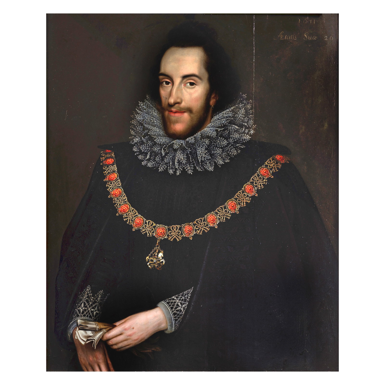 Marcus Gheeraerts the Younger (Bruges 1561-1635 London) Portrait of Thomas Howard, 14th Earl of ...: Marcus Gheeraerts the Younger (Bruges 1561-1635 London) Portrait of Thomas Howard, 14th Earl of Arundel, half length, in a black costume and white lace ruff, with the collar of the Garter and holding 