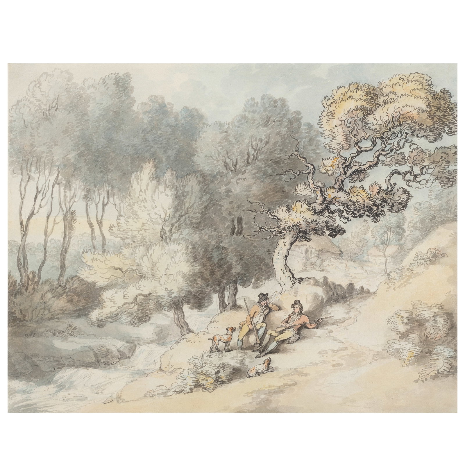 Thomas Rowlandson (London 1756-1827) Two sportsmen and their dogs resting by a stream (1 of 1)