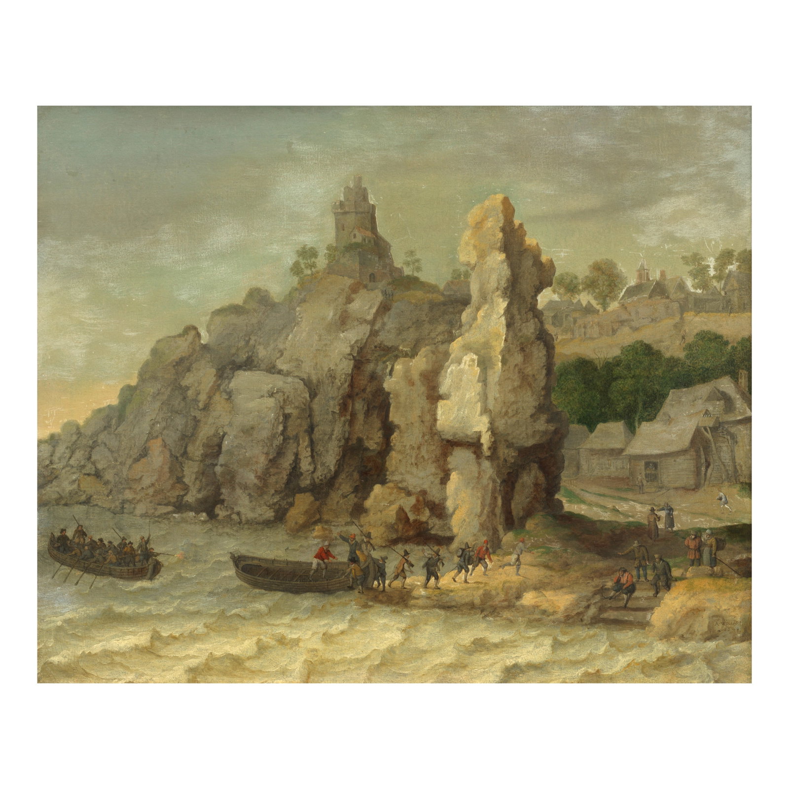Abraham Willaerts (Utrecht 1603-1669) Figures landing at a rocky coastline, with a village beyond (1 of 1)