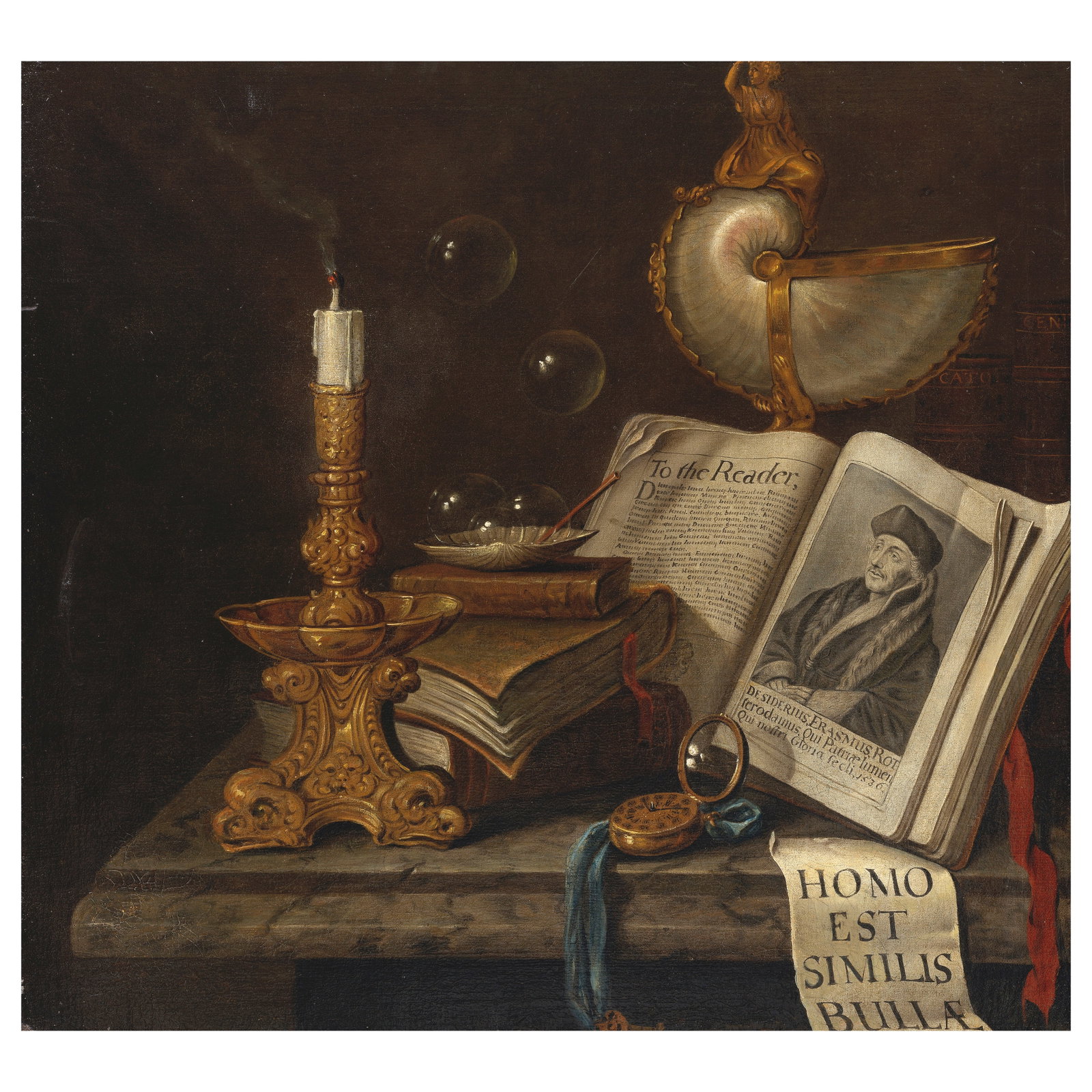 Edward Collier (Breda circa 1640-1708 London) A still life with a snuffed-out candle, a book, an...: Edward Collier (Breda circa 1640-1708 London) A still life with a snuffed-out candle, a book, and a nautilus shell on a stone table-top oil on canvas, possibly trimmed at the upper and lower edges 58.