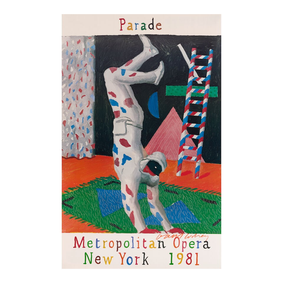 After David Hockney (1937-2026); The Parade Poster;: After David Hockney (1937-2026) The Parade Poster (Baggott 102), 1981 Offset lithograph in colors on wove paper, signed in orange crayon, published by Petersburg Press, New York and London for the Met