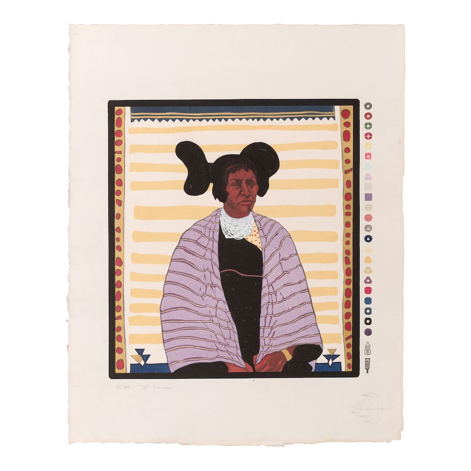 T.C. Cannon (1946-1978); Two plates, from Memorial Woodcut Suite;: T.C. Cannon (1946-1978) Two plates, from Memorial Woodcut Suite, 1978 Two woodcuts in colors on laid Japanese paper with leaf watermark, one signed in pencil by the artist, the other signed in pencil 