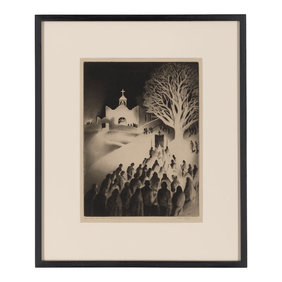 Gene Kloss (1903-1996); Night Mass - Our Lady of Delores, Taos; - 2