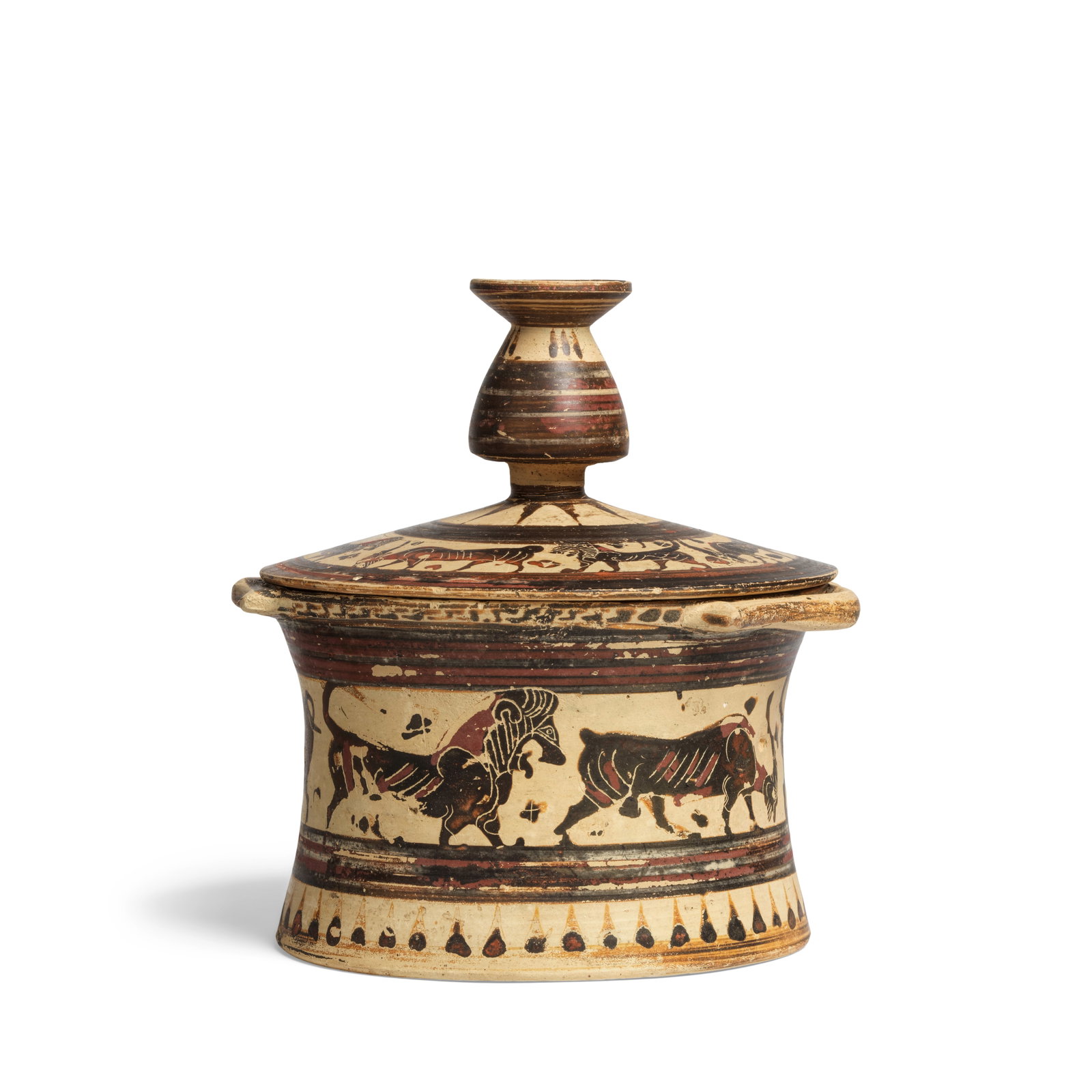 An Early Corinthian pottery lidded pyxis: An Early Corinthian pottery lidded pyxis Circa 600-590 B.C. 16cm high incl. lid, 16cm wide Footnotes: Provenance: H.E. Baron Alexandre Forth-Rouen (1806-1886) collection, French ambassador to China. P