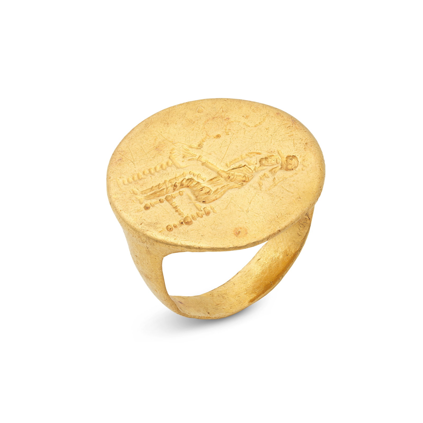 A Greek gold ring with Athena dropping incense onto a thymiaterion: A Greek gold ring with Athena dropping incense onto a thymiaterion Circa 4th Century B.C. Ring size I, 1.7cm high, 2cm diam., weight 7.3g Footnotes: Provenance: J.K. collection, Germany, since the 196