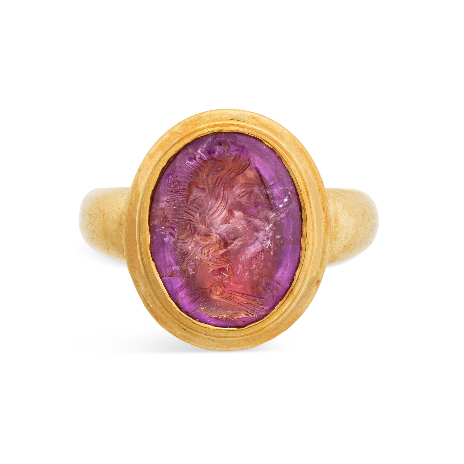 A Roman amethyst intaglio of a Maenad: A Roman amethyst intaglio of a Maenad Circa 1st Century A.D. Set in a modern gold ring, ring size R, the intaglio 1.9cm long, weight 24.8g Footnotes: Provenance: D. Content Collection, 2009. Property 
