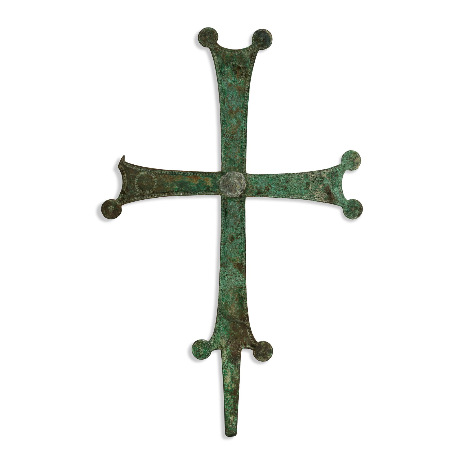 A large Byzantine bronze processional cross: A large Byzantine bronze processional cross Circa 10th-12th Century A.D. 58.5cm high Footnotes: Provenance: Property from a Distinguished Family Collection, acquired from Naji Asfar, Beirut, 29 March 