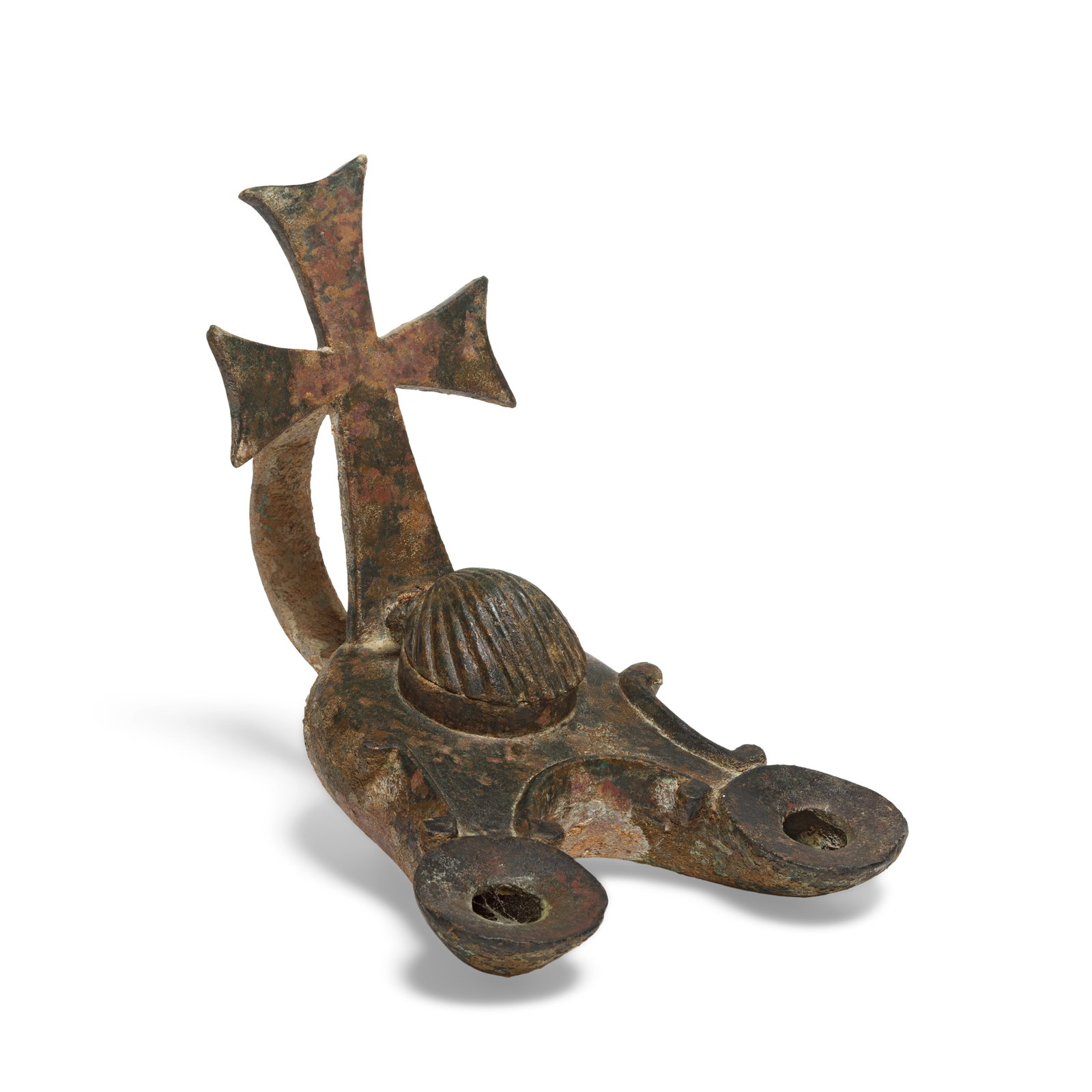 A large Byzantine bronze double nozzle oil lamp: A large Byzantine bronze double nozzle oil lamp Circa 5th-7th Century A.D. 16cm high, 23cm long Footnotes: Provenance: Property from a Distinguished Family Collection, acquired from Naji Asfar, Beirut