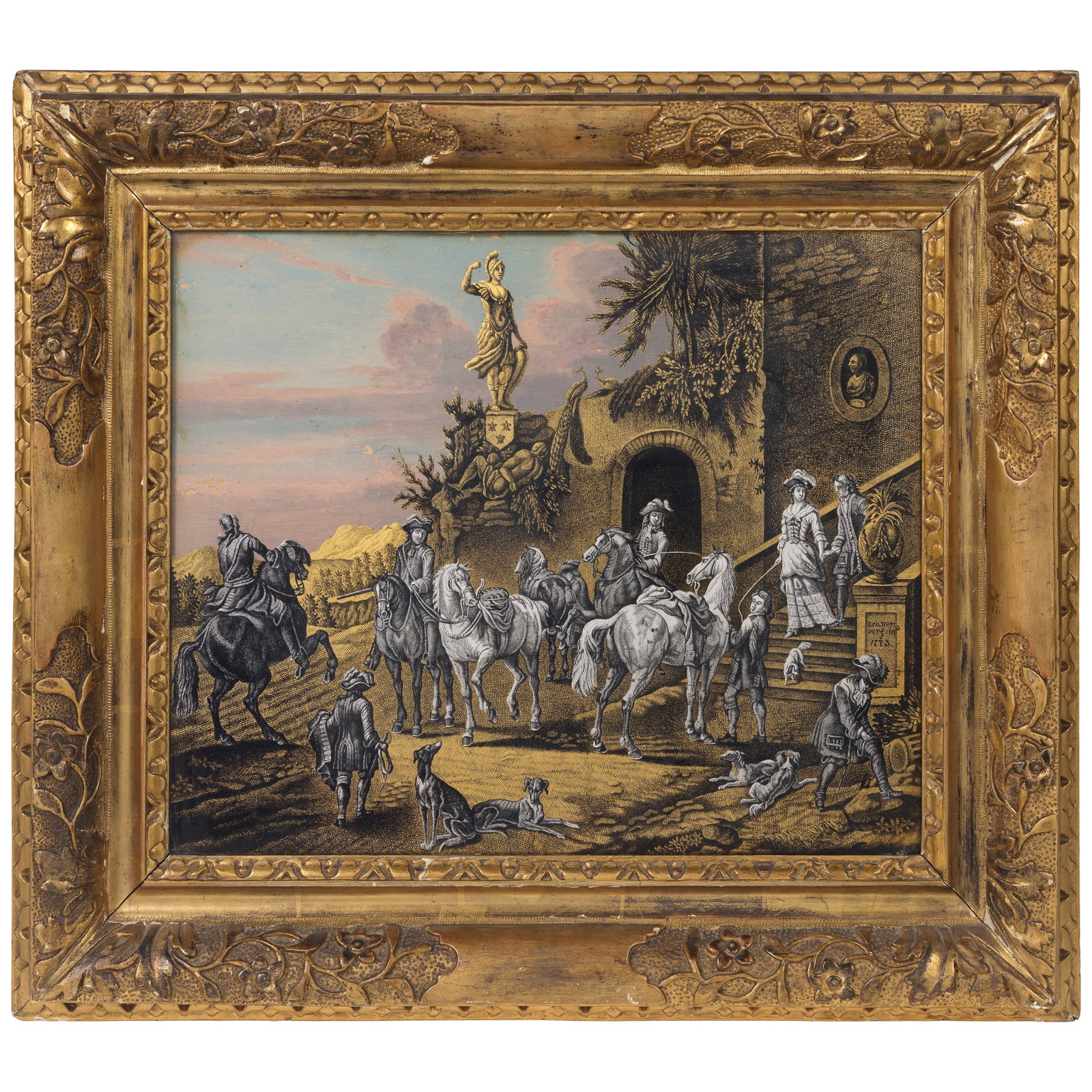 Jonas Zeuner (Dutch, 1727-1814): A good verre églomisé etching in gold and silver leaf...: Jonas Zeuner (Dutch, 1727-1814): A good verre églomisé etching in gold and silver leaf on glass of 'La Buvette Des Chasseurs (The Hunters' Refreshment)' After Philips Wouwerman (Dutch, 1619-