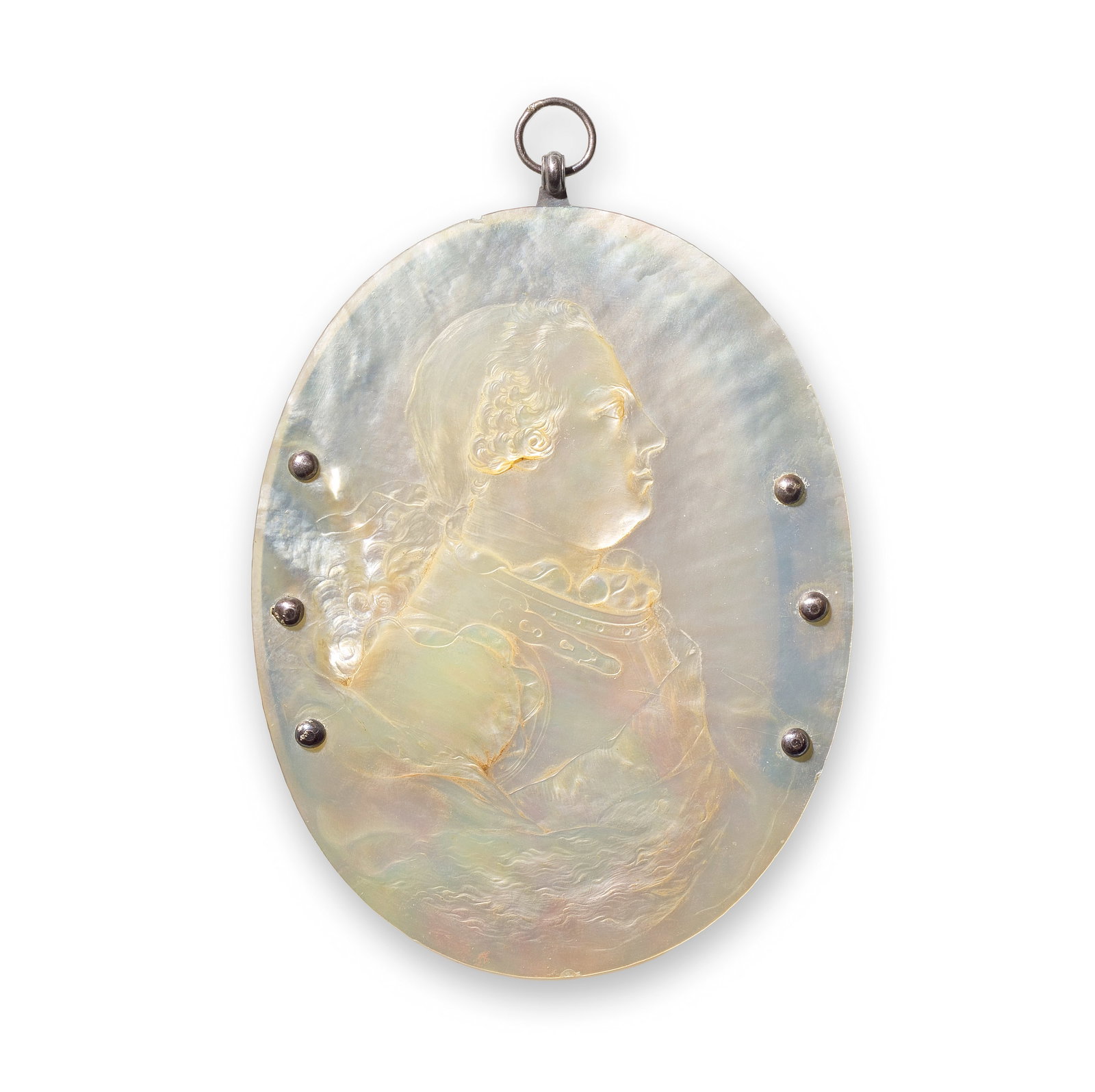 An 18th century English silver mounted and relief carved mother of pearl oval male portrait plaq...: An 18th century English silver mounted and relief carved mother of pearl oval male portrait plaque identified as William Augustus, Duke of Cumberland (English, 1721-1765) Circa 1750 The sitter looking