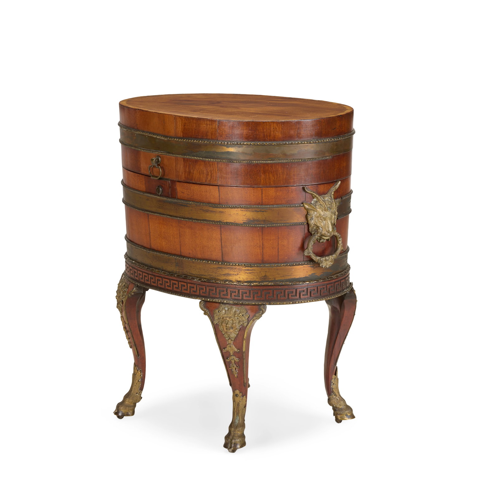 A George III gilt-lacquered brass mounted mahogany oval wine cooler attributed to Samuel Norman ...: A George III gilt-lacquered brass mounted mahogany oval wine cooler attributed to Samuel Norman (fl. 1746-1767) 1760-1765 The hinged lid and body mounted with three brass bands, the central one flanke