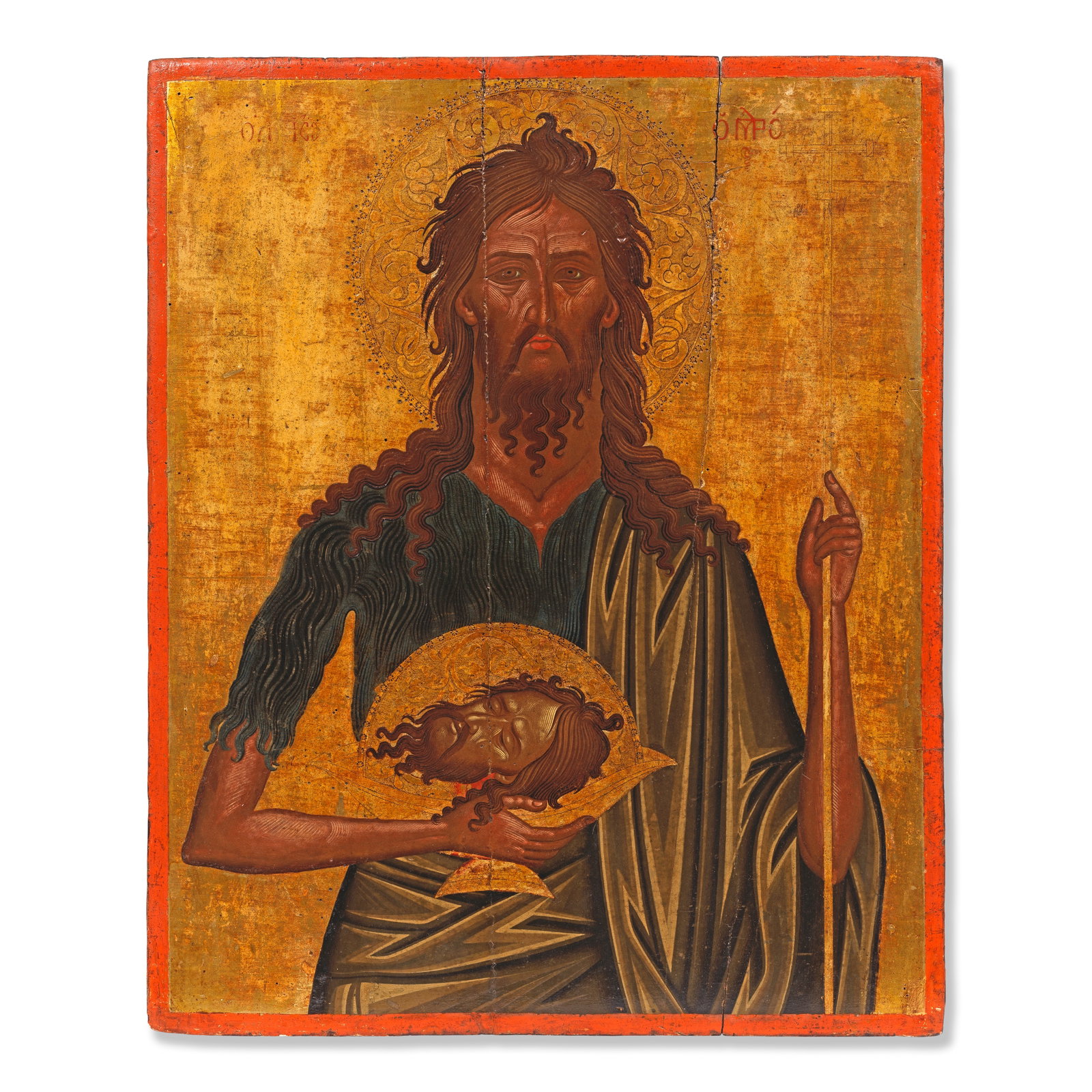 Icon of the St John the Baptist Veneto-Cretan School, 17th century: Icon of the St John the Baptist Veneto-Cretan School, 17th century very finely painted in strong colours on gilt ground tempera and gilt on prepared panel 59.5 x 49 cm (23 x 19 in). Footnotes: Propert