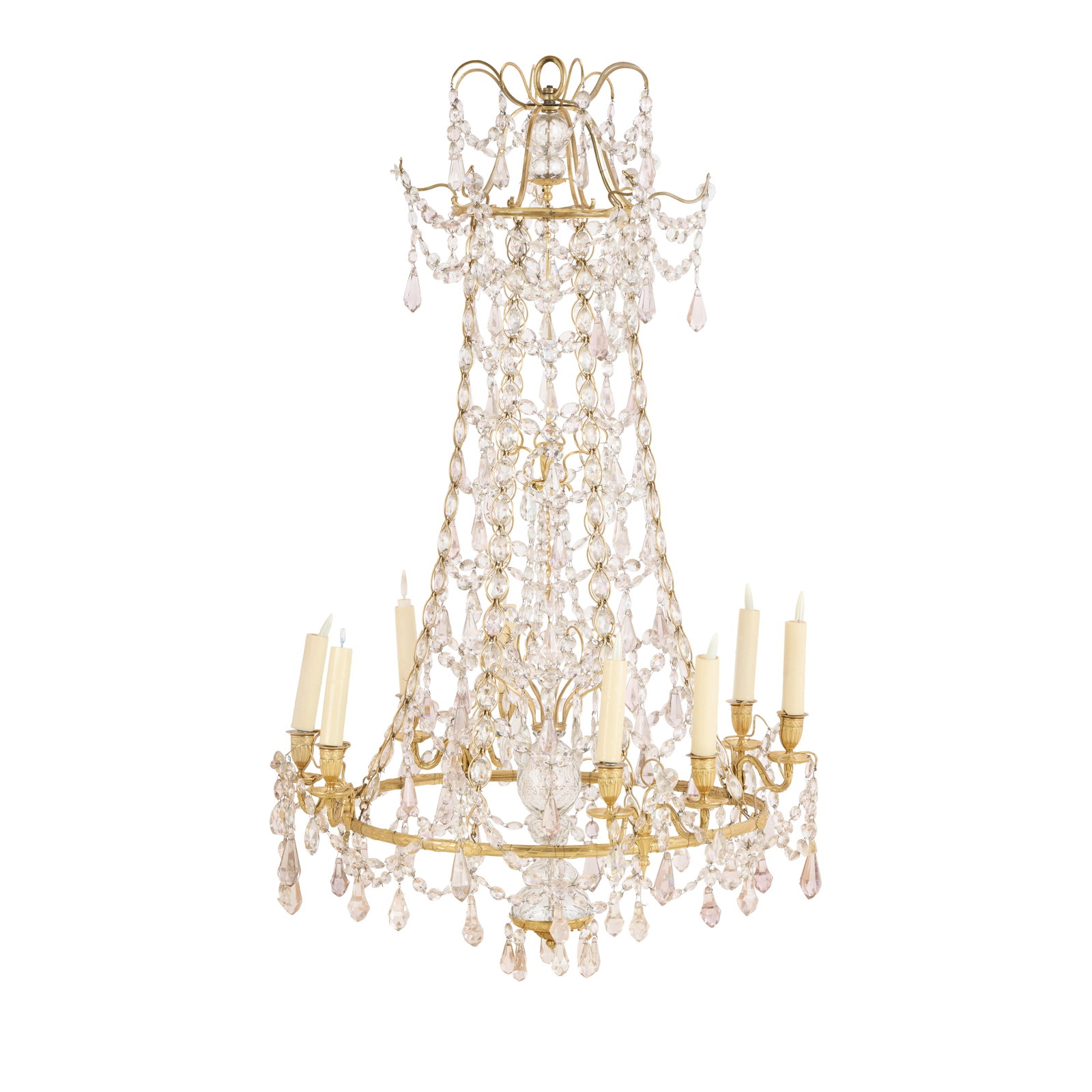 A Scandinavian gilt bronze and cut clear and grey tinted glass eight light chandelier Probably ... (1 of 1)