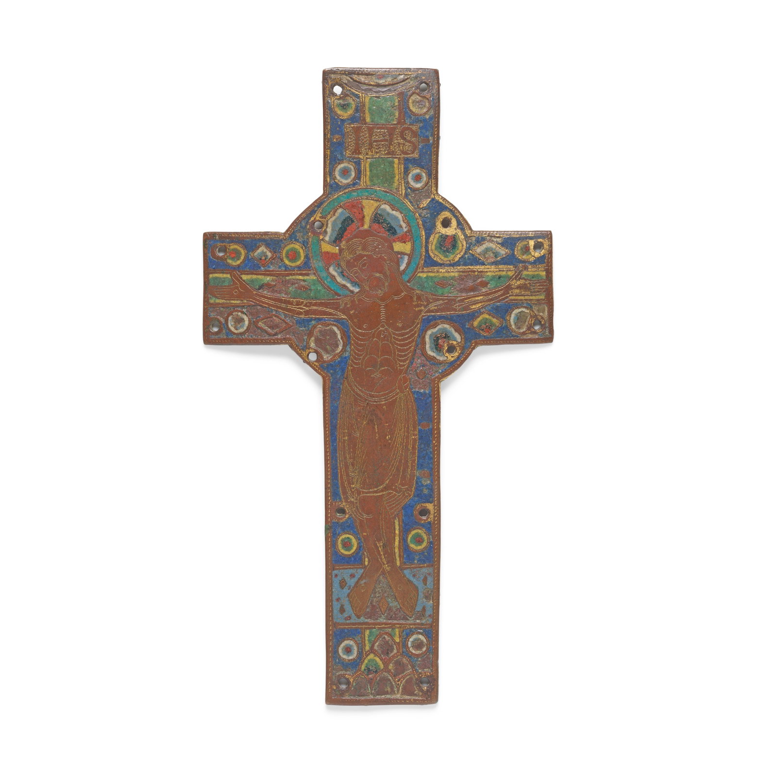 A French gilt copper and champlevé enamel cross Limoges, circa 1190-1220 (2): A French gilt copper and champlevé enamel cross Limoges, circa 1190-1220 The centre engraved with the figure of Christ crucified, his hair and beard finely delineated, his chest similarly with ou