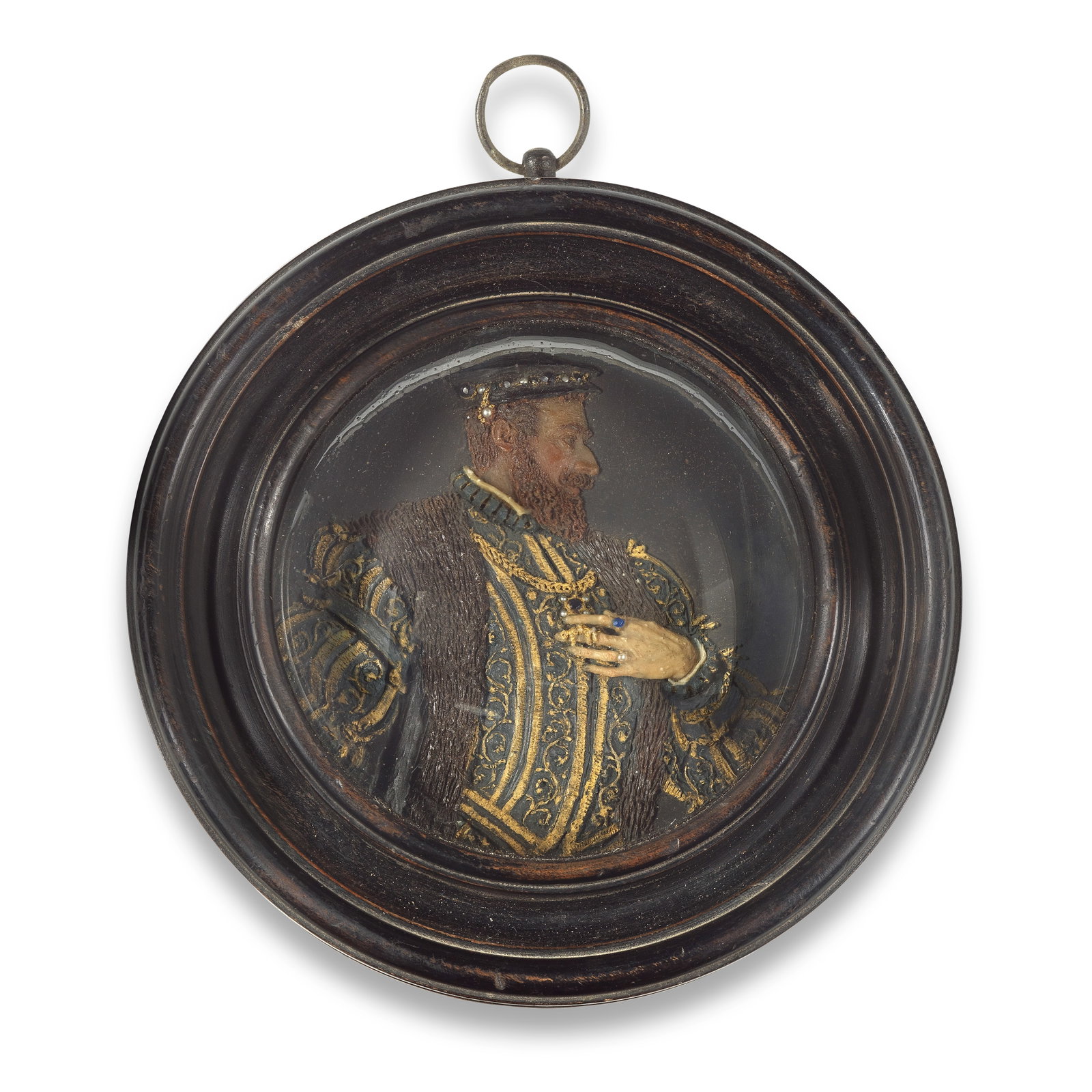 Attributed to Antonio Abondio (Italian, 1538-1591): A 16th century framed wax polychrome, seed p...: Attributed to Antonio Abondio (Italian, 1538-1591): A 16th century framed wax polychrome, seed pearl and faux gemstone decorated relief portrait of a nobleman Depicted in profile, the bearded gentlema