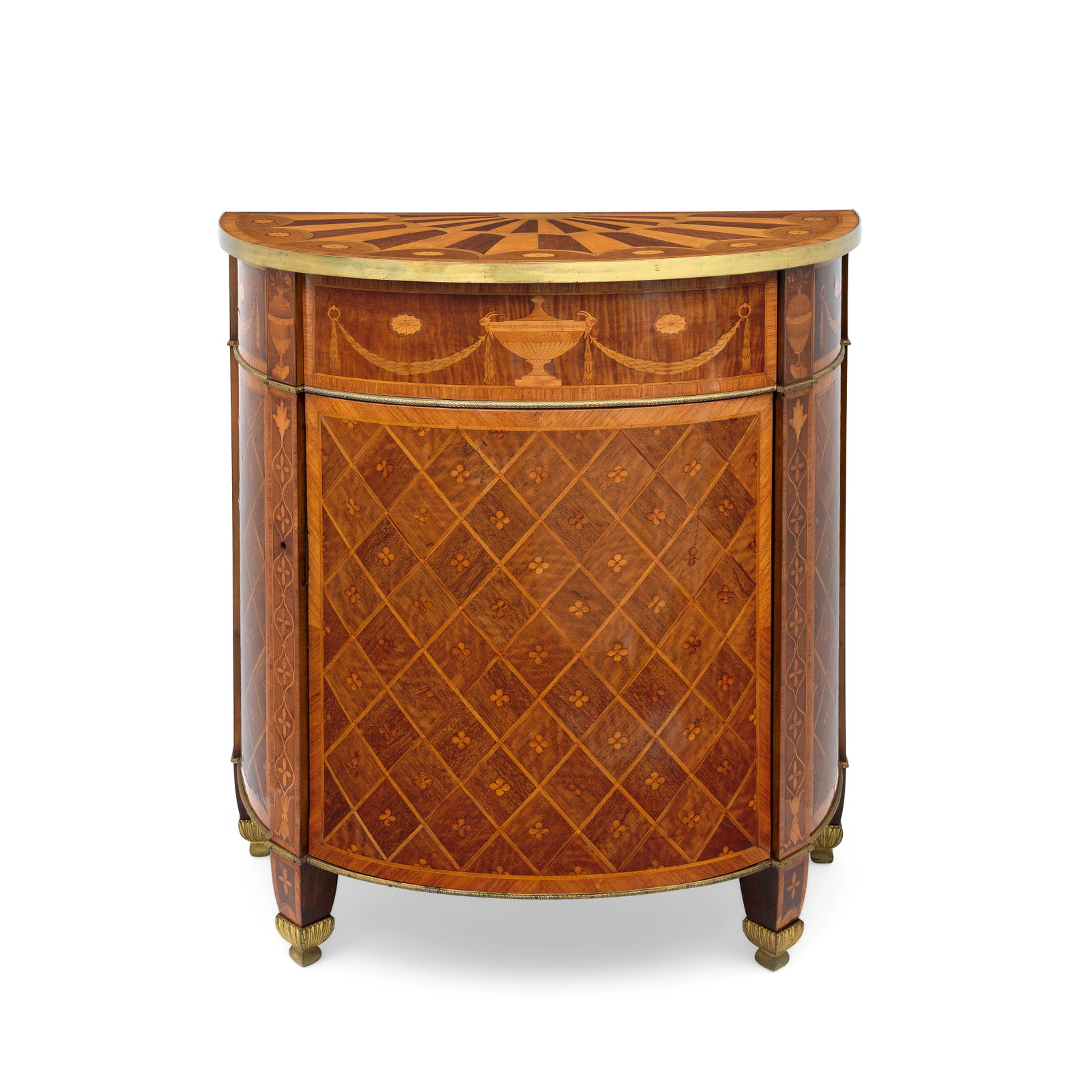 A George III harewood, purplewood, satinwood, tulipwood and fruitwood marquetry demi-lune commod... (1 of 1)
