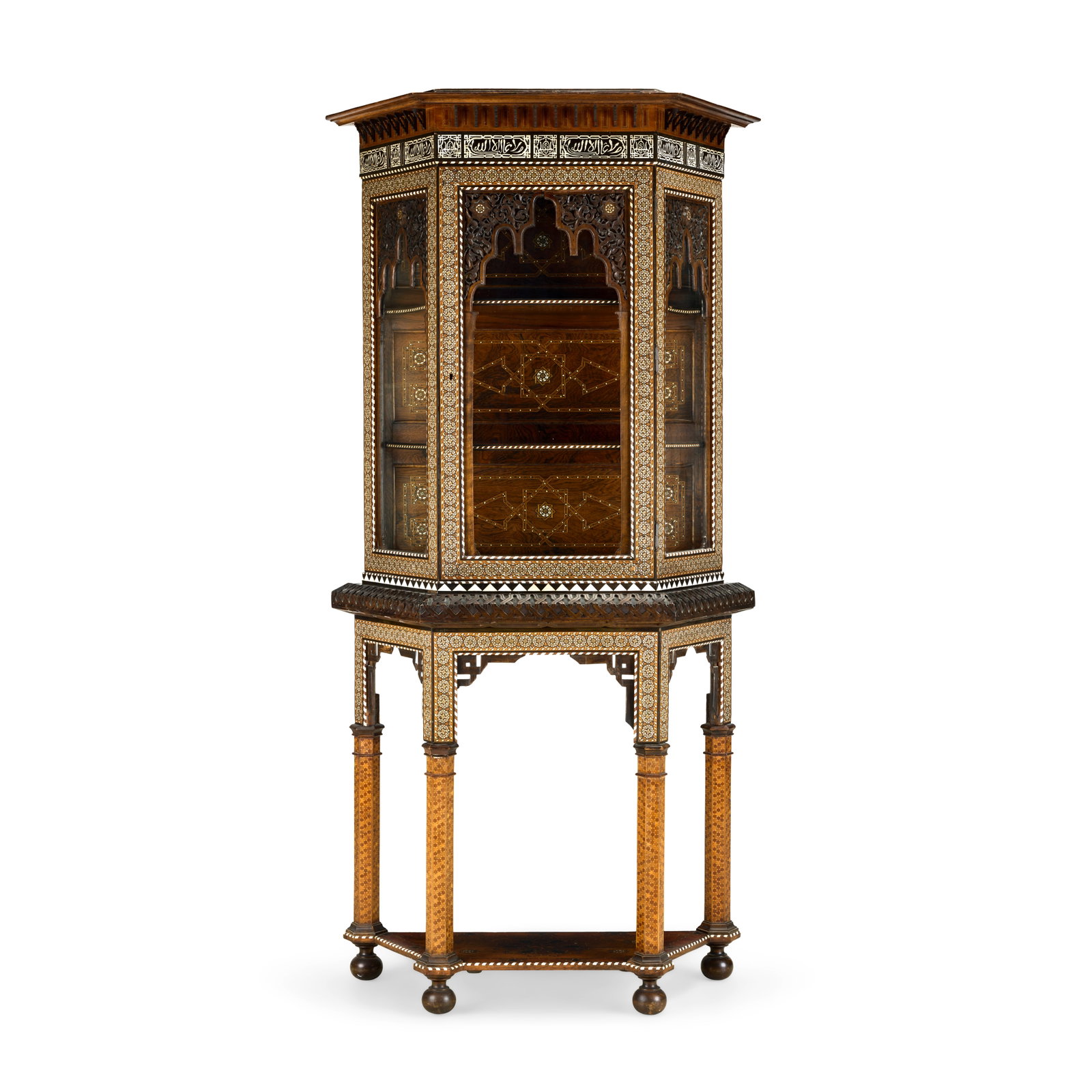 A Spanish late 19th/early 20th century Nasrid revival ebony, ivory, pewter, bone and fruitwood i...: A Spanish late 19th/early 20th century Nasrid revival ebony, ivory, pewter, bone and fruitwood inlaid figured walnut and amaranth display cabinet on stand Circa 1900, probably made in Granada Of trape