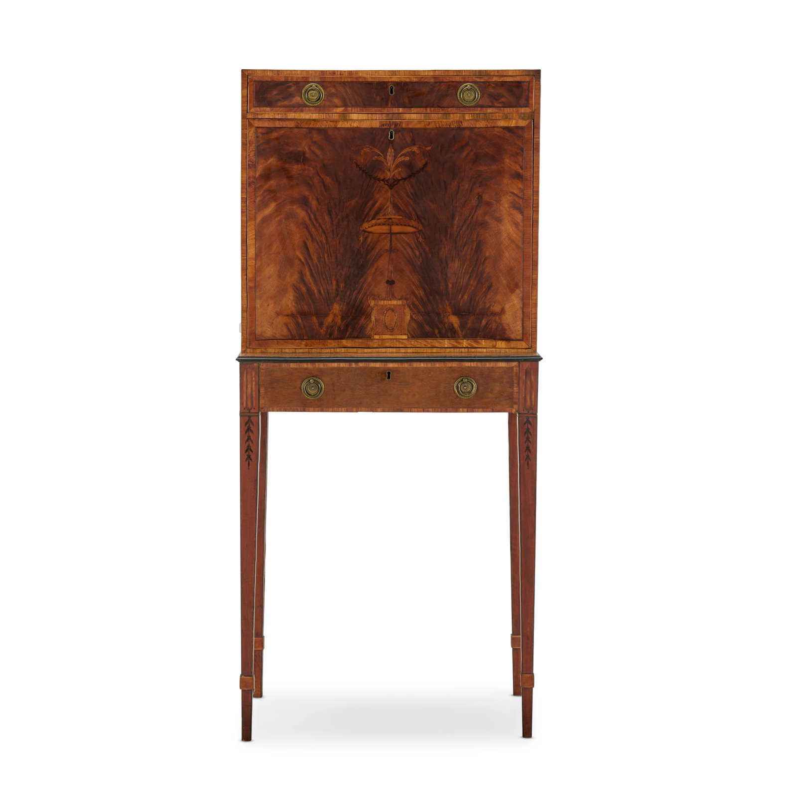 A George III mahogany, rosewood crossbanded, purplewood and fruitwood marquetry secretaire on st... (1 of 1)