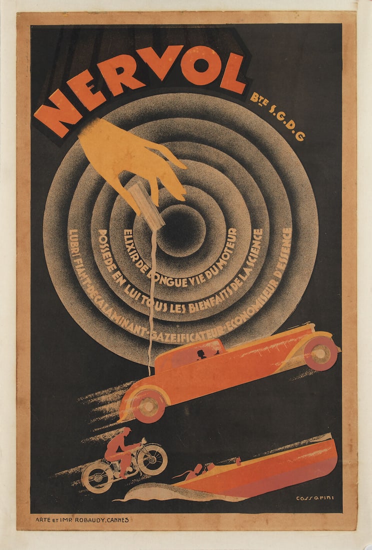 A Nervol advertising poster after Cassarini, French, circa 1928,: A Nervol advertising poster after Cassarini, French, circa 1928, printed on paper by Robaudy of Cannes, 60 x 39cm, (some discolouration to paper), laid on linen, rolled. Lot to be sold without reserve
