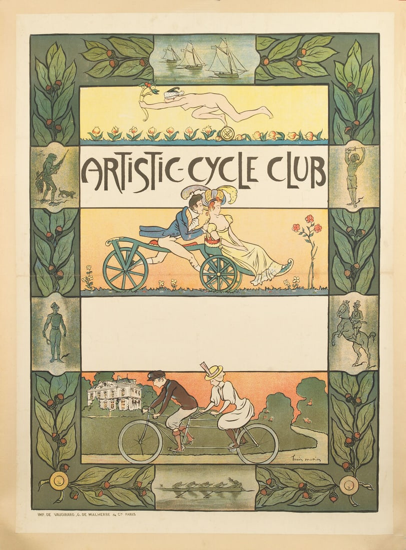 An Artistic-Cycle Club advertising poster after Louis Morin (1855-1938), French, circa 1900,: An Artistic-Cycle Club advertising poster after Louis Morin (1855-1938), French, circa 1900, printed on paper by De Vaugirard, and G. De Malherb & Cie of Paris, 87 x 64cm, laid on linen (old fold mark