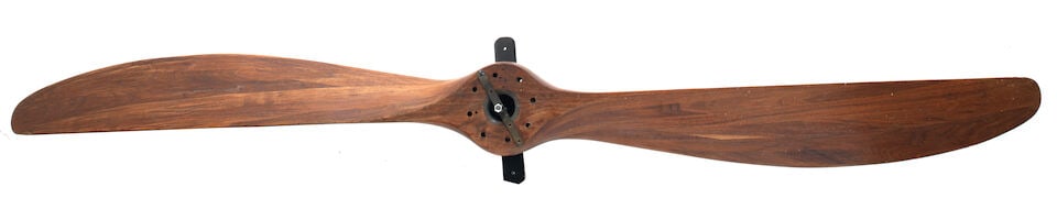 A Sopwith Snipe twin-bladed wooden propeller, British, late a 1918,: A Sopwith Snipe twin-bladed wooden propeller, British, late a 1918, 278cm diameter, laminated construction, the hub stamped LP 5300 RH, D2780, P2920, SOPWITH SNIPE, BR2 with other stampings, 8 mountin