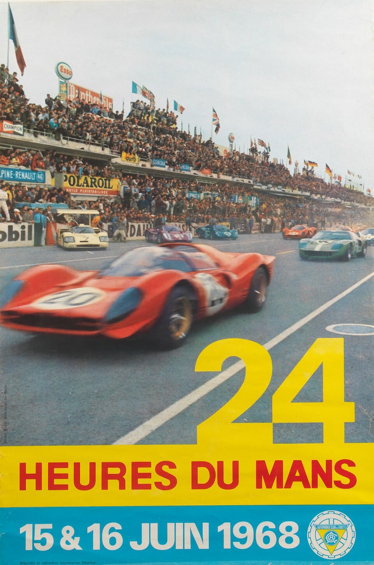 A rare June 1968 24 Hours Le Mans poster,: A rare June 1968 24 Hours Le Mans poster, for the cancelled June 1968 event, due to student protesting, the event ended up happening in September, 61 x 40cm. Lot to be sold without reserve. For furthe