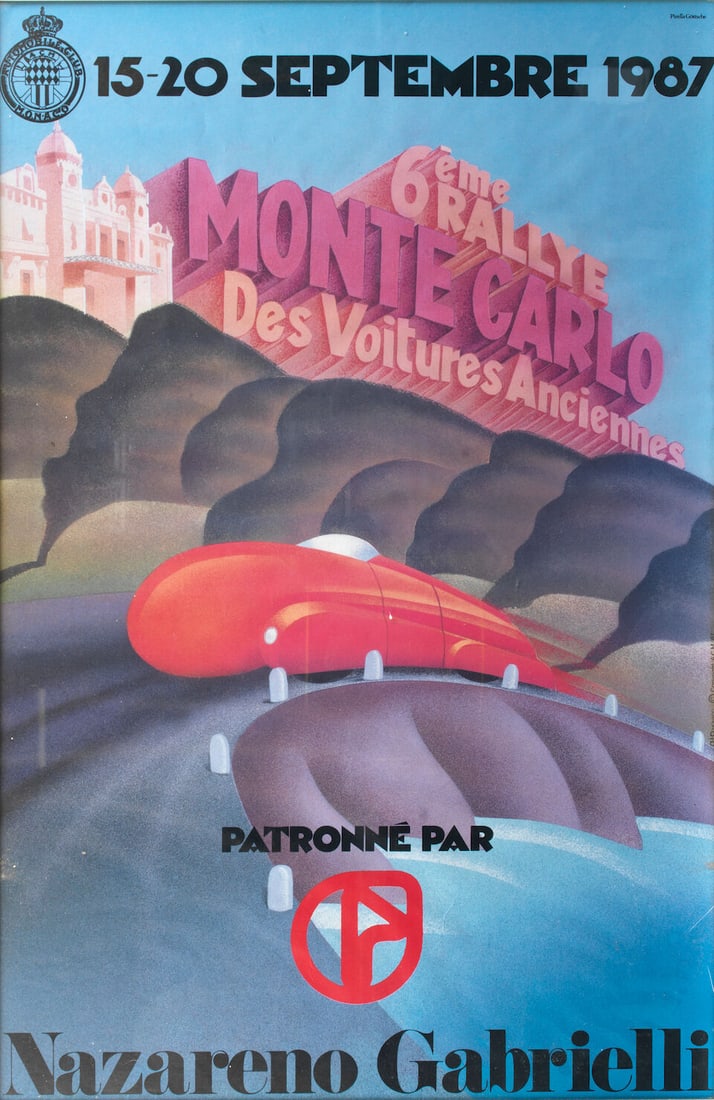 A 1987 Monte Carlo historic Rallye poster, and other collectables, ((6)): A 1987 Monte Carlo historic Rallye poster, and other collectables, for the 'Des Voitures Anciennes' event held on 15-20 September, slight wrinkling, 60 x 39cm, framed and glazed; together with two Lou