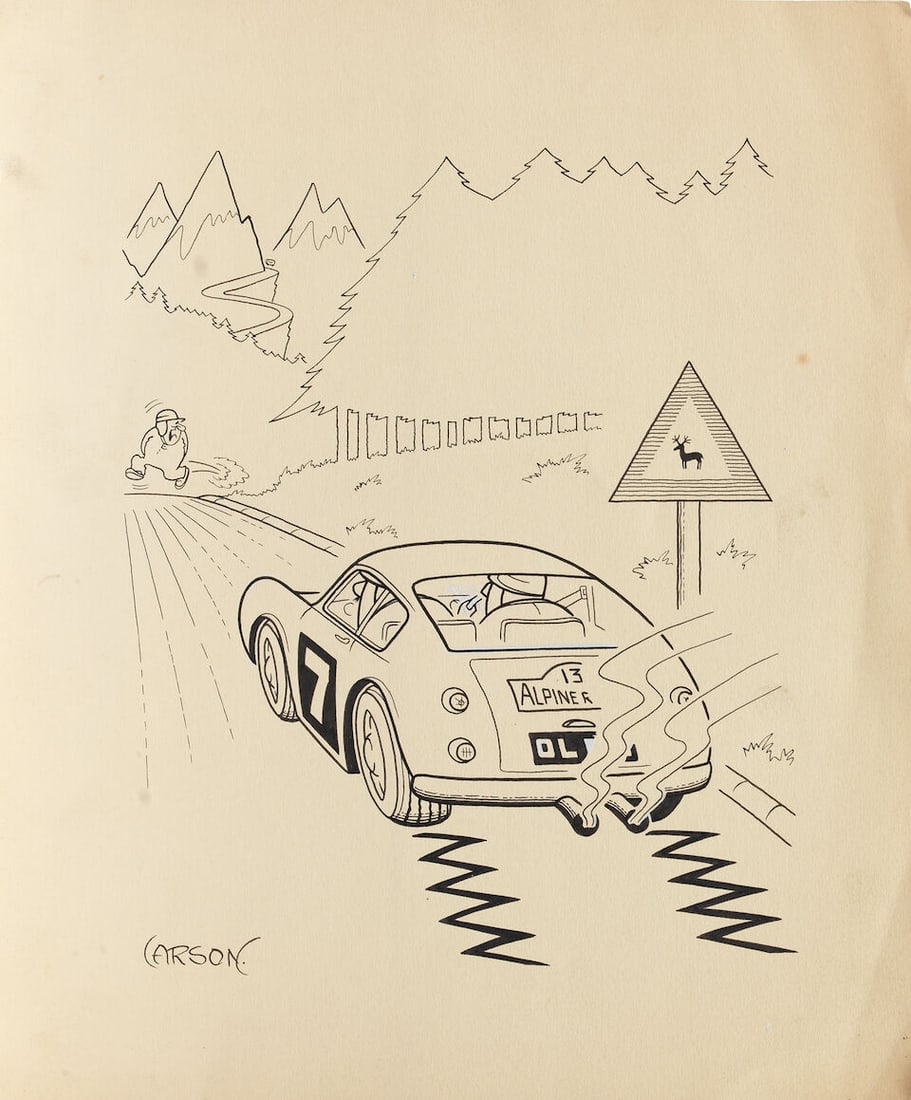 Four pen and ink motoring cartoons by Carson, circa 1960s, ((5)): Four pen and ink motoring cartoons by Carson, circa 1960s, each pen and ink on paper, heightened in white, 27 x 23cm, depicting Formula 1 and Rally themed cartoons, one with partial printed overlay; o