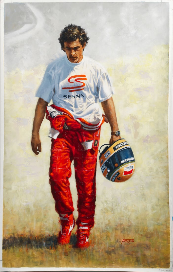 Juan Carlos Ferrigno (Argentinian, 1960-), Ayrton Senna -'The Walk to the Pits', original artwork,: Juan Carlos Ferrigno (Argentinian, 1960-), Ayrton Senna -'The Walk to the Pits', original artwork, acrylic on canvas (rolled), depicting Senna with his overalls tied round his waist, holding his famou