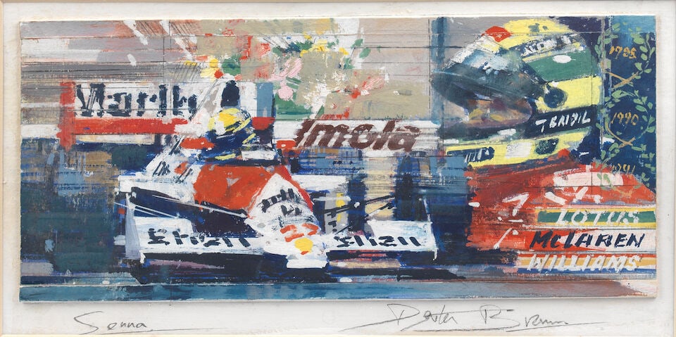 Dexter Brown (1942- ), An original artwork, 'Ayrton Senna / Mclaren',: Dexter Brown (1942- ), An original artwork, 'Ayrton Senna / Mclaren', mounted original gouache and pencil study, comprising Senna in the McLaren at speed and portrait of Senna in his famous helmet des