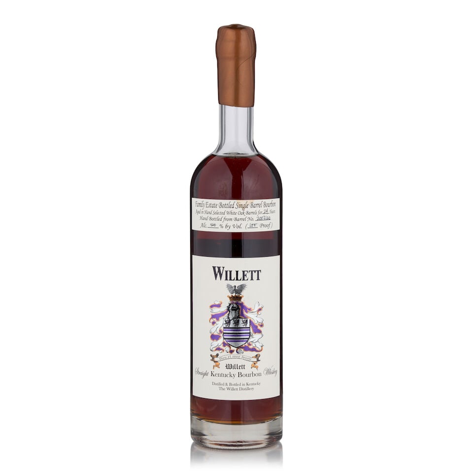 Willett Bourbon, Barrel No. 2007/20, 24 Years Old, 1982 (1 bottle, 750ml): Willett Bourbon, Barrel No. 2007/20, 24 Years Old, 1982 (1 bottle, 750ml) Region: Kentucky Capsule: bronze wax, lightly cracked from pull tab Label: age statement tag lightly stained Alcohol content: