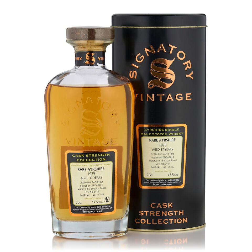 Rare Ayrshire (Ladyburn) Signatory Vintage Cask Strength Collection 37 Years Old, 1975 (1 bottle...: Rare Ayrshire (Ladyburn) Signatory Vintage Cask Strength Collection 37 Years Old, 1975 (1 bottle, 700ml) Region: Lowland Packaging: original tube Alcohol content: 47.5% Notes: Signatory, distilled