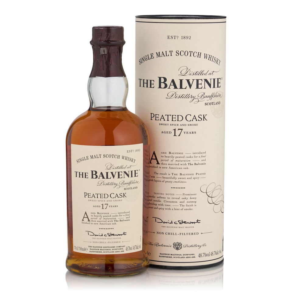 The Balvenie Peated Cask 17 Years Old (1 bottle, 700ml): The Balvenie Peated Cask 17 Years Old (1 bottle, 700ml) Region: Dufftown Packaging: original tube Alcohol content: 48.7% Notes: official bottling, bottled for the Japanese market Footnotes: Single