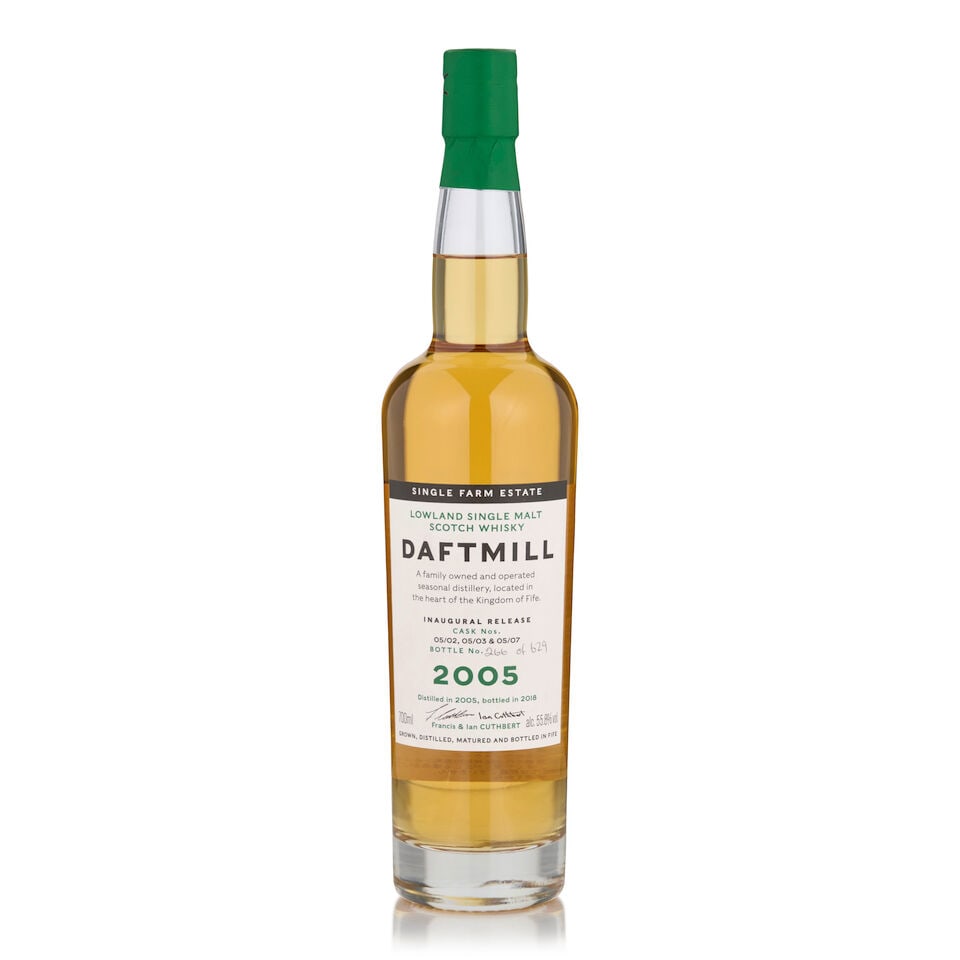 Daftmill Inaugural Release, 2005 (1 bottle, 700ml): Daftmill Inaugural Release, 2005 (1 bottle, 700ml) Region: Lowland Capsule: torn and lifting at top edge Alcohol content: 55.8% Notes: official bottling, distilled 2005, bottled 2008, cask nos.