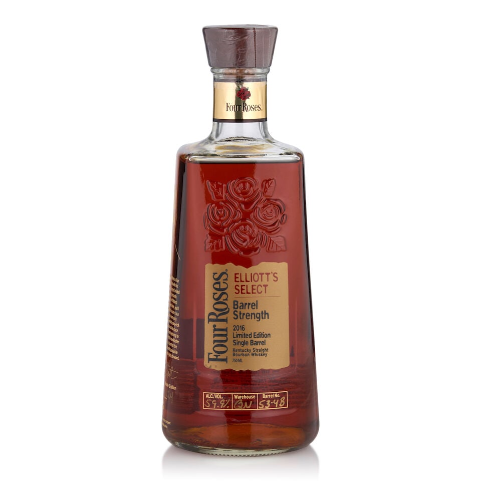 Four Roses Elliot's Select Single Barrel 14 Years Old, 2016 (1 bottle, 750ml): Four Roses Elliot's Select Single Barrel 14 Years Old, 2016 (1 bottle, 750ml) Region: Kentucky Capsule: plastic partially split Alcohol content: 59.9% Notes: official bottling, released 2016,