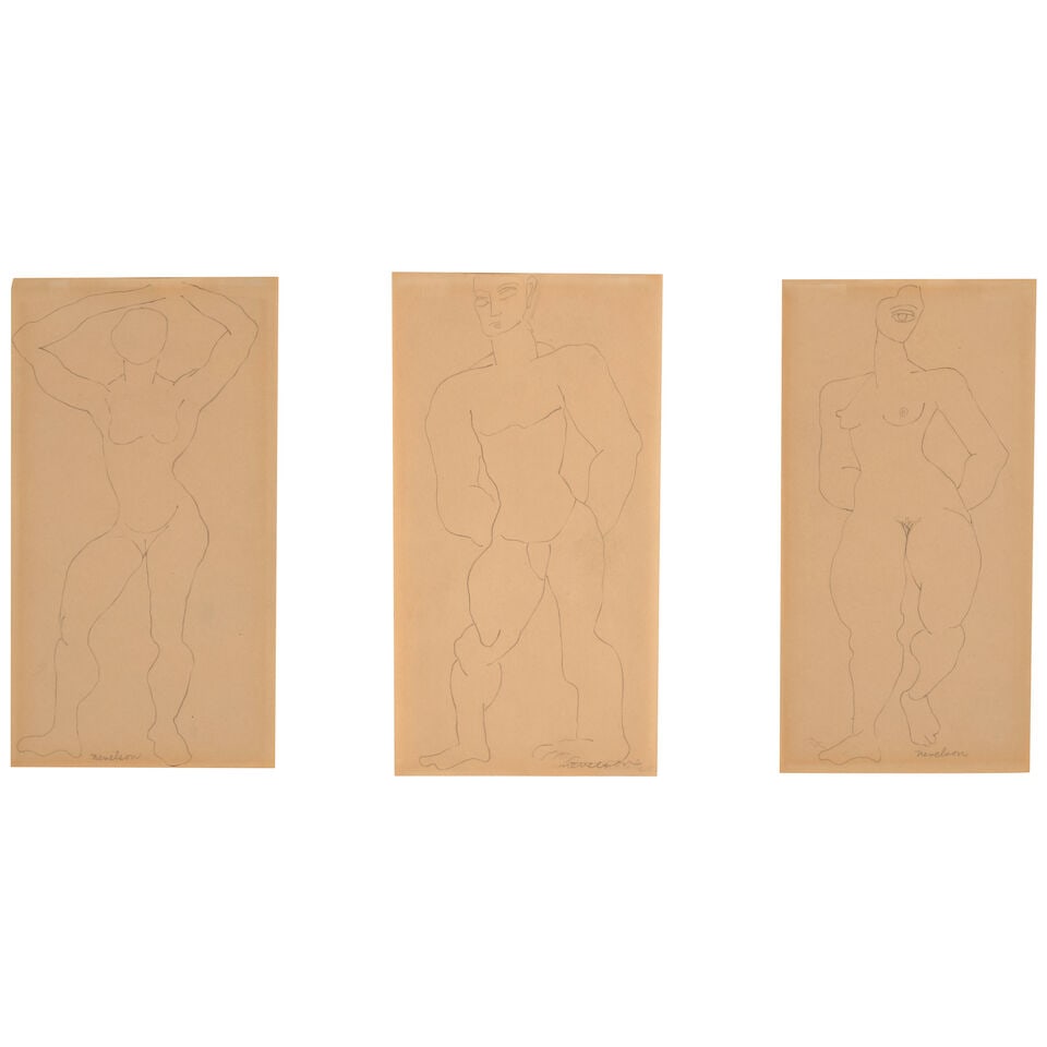 LOUISE NEVELSON (1899-1988) Untitled (Three Works) (Executed circa 1930): LOUISE NEVELSON (1899-1988) Untitled (Three Works) each: signed 'nevelson' (lower edge) each: graphite on paper each: 8 x 4 in (20.3 x 10.2 cm) Executed circa 1930 This lot is subject to the