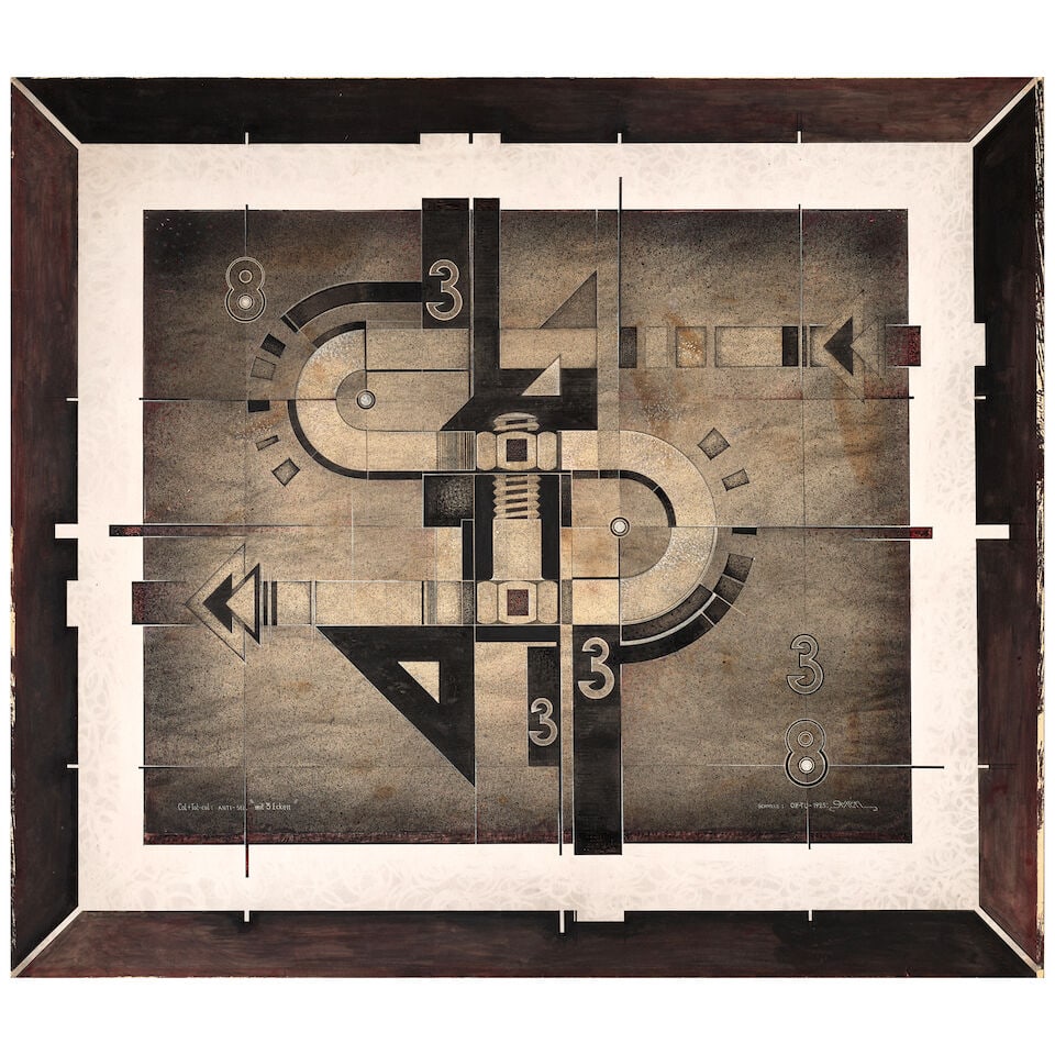 ROBERT MICHEL (1897-1983) Anti-stillben Mit 3 Ecken 29 3/4 x 25 7/8 in (75.5 x 65.8 cm) (Ex...: ROBERT MICHEL (1897-1983) Anti-stillben Mit 3 Ecken signed with the artist's monogram, inscribed and dated 'Schmelz: OZ-TU-1923:' (lower right) and inscribed 'Col+Tot-col: ANTI-Stl. 'mit 3 Ecken'' (lo