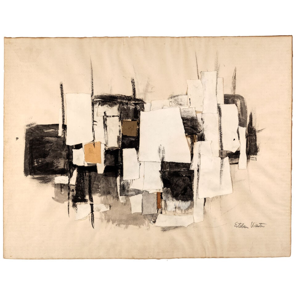 ESTEBAN VICENTE (1903-2001) Untitled 19 7/8 x 25 7/8 in (50.5 x 65.8 cm) (Executed in 1955): ESTEBAN VICENTE (1903-2001) Untitled signed 'Esteban Vicente' (lower right); inscribed 'Canada' (verso) paper collage, gouache and charcoal on paper 19 7/8 x 25 7/8 in (50.5 x 65.8 cm) Executed in