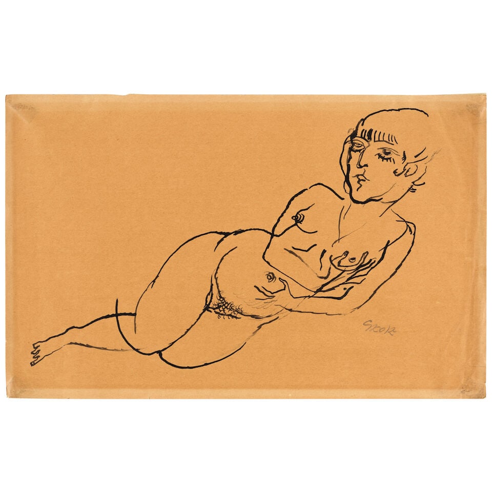 GEORGE GROSZ (1893-1959) Liegender Weiblicher Akt 8 1/4 x 12 15/16 in (20.9 x 32.8 cm) (Executed...: GEORGE GROSZ (1893-1959) Liegender Weiblicher Akt signed 'Grosz' (lower right) reed pen and India ink on paper 8 1/4 x 12 15/16 in (20.9 x 32.8 cm) Executed in 1915 Footnotes: The authenticity of