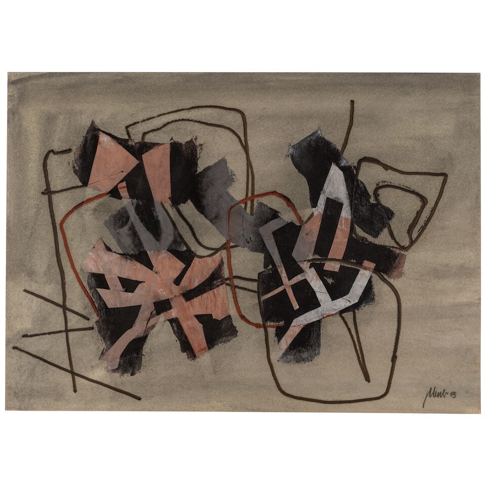 FRITZ WINTER (1905-1976) Farbiges Gestein 19 7/8 x 27 1/2 in (50.3 x 69.9 cm) (Executed in 1953): FRITZ WINTER (1905-1976) Farbiges Gestein signed and dated 'FWinter 53' (lower right); signed, inscribed and dated 'Farbiges Gestein FWinter 53' (verso) oil and gouache on paper 19 7/8 x 27 1/2 in
