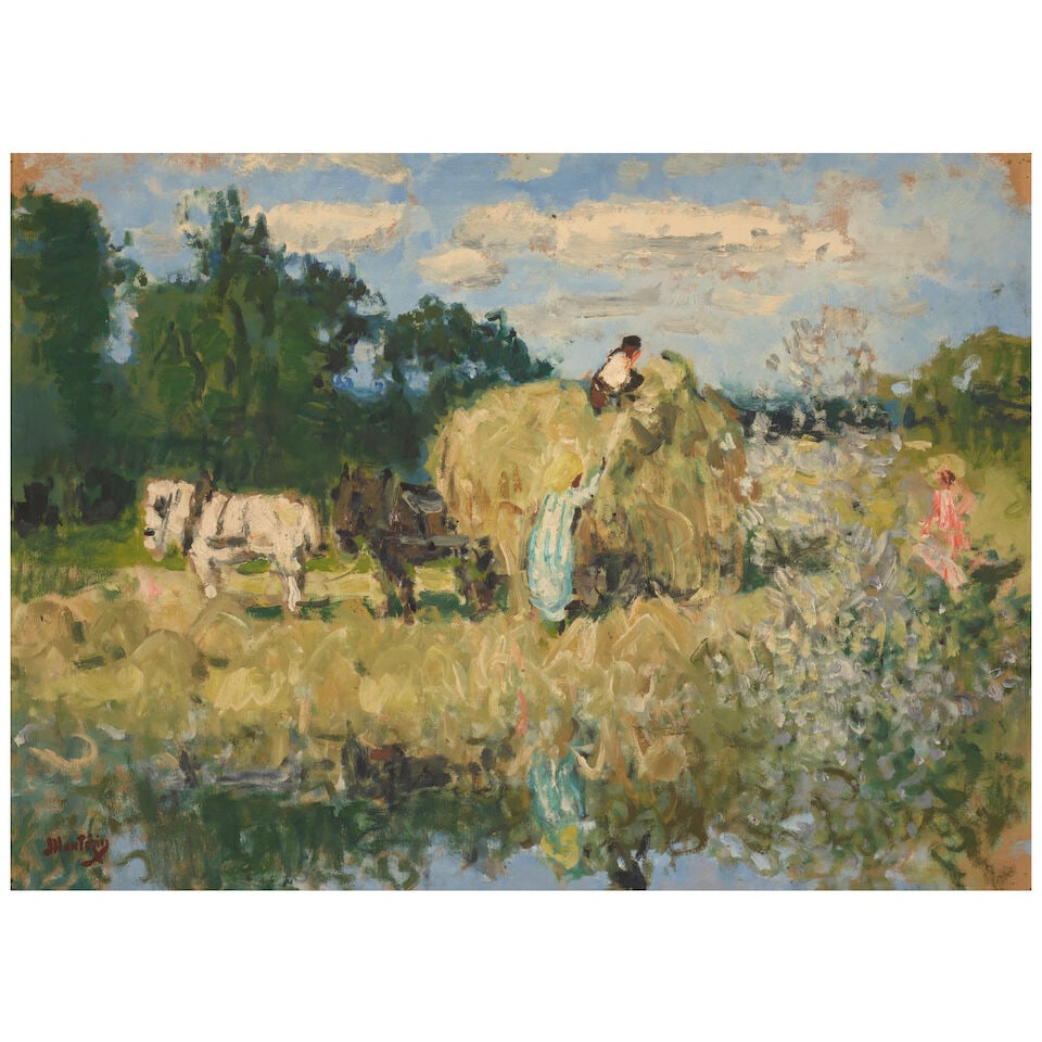 PIERRE EUGÈNE MONTÉZIN (1874-1946) Les faneurs 20 11/16 x 29 1/8 in (52.5 x 74 cm) (Pa...: PIERRE EUGÈNE MONTÉZIN (1874-1946) Les faneurs stamped 'Montezin' (lower left); inscribed 'Les faneurs' (on the reverse) oil on paper laid down on canvas 20 11/16 x 29 1/8 in (52.5 x 74