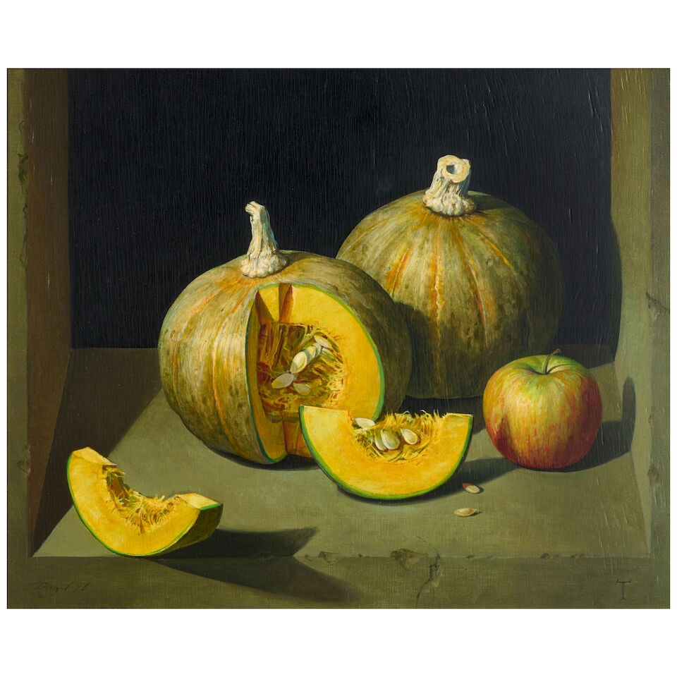 MICHAEL TRIEGEL (B. 1968) Stillleben mit Kürbissen 21 5/8 x 25 1/2 in (54.9 x 64.7 cm) (Pai...: MICHAEL TRIEGEL (B. 1968) Stillleben mit Kürbissen signed and dated 'Triegel 97' (lower left); signed, inscribed and dated 'Triegel - Stillleben mit Kürbissen - 1997' (on the reverse) oil