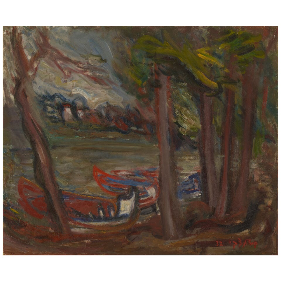 AVIGDOR STEMATSKY (1908-1989) Harbor Scene 18 1/8 x 21 5/8 in (46 x 55 cm) (Painted in 1932): AVIGDOR STEMATSKY (1908-1989) Harbor Scene signed in Hebrew and dated '32' (lower right); signed in Hebrew and dated again and further signed 'A. Stematsky' (on the reverse) oil on canvas 18 1/8 x 21