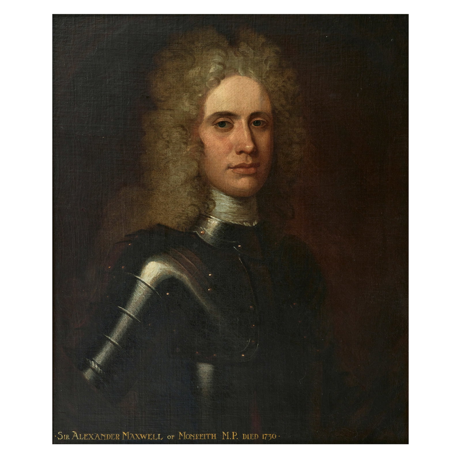 Attributed to William Aikman (Forfar 1682-1731 London) Portrait of Sir Alexander Maxwell, 2nd Bt...: Attributed to William Aikman (Forfar 1682-1731 London) Portrait of Sir Alexander Maxwell, 2nd Bt. of Monreith (1665-1730), half length, in armour, within a painted oval bears inscription '.SIR ALEXAND