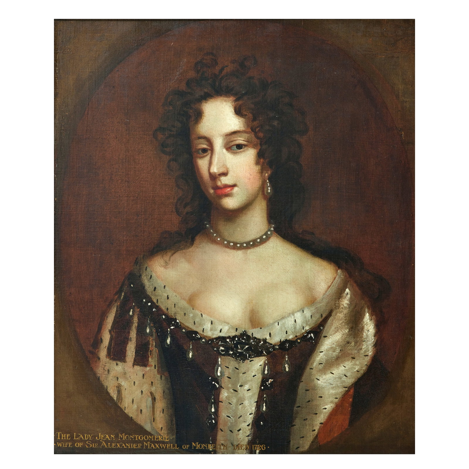 Follower of Willem Wissing (Amsterdam 1656-1687 Burghley) Portrait of Queen Mary of Modena, bust...: Follower of Willem Wissing (Amsterdam 1656-1687 Burghley) Portrait of Queen Mary of Modena, bust length, in a green and white dress, within a painted oval bears inscription '.THE LADY JEAN MONTGOMERIE