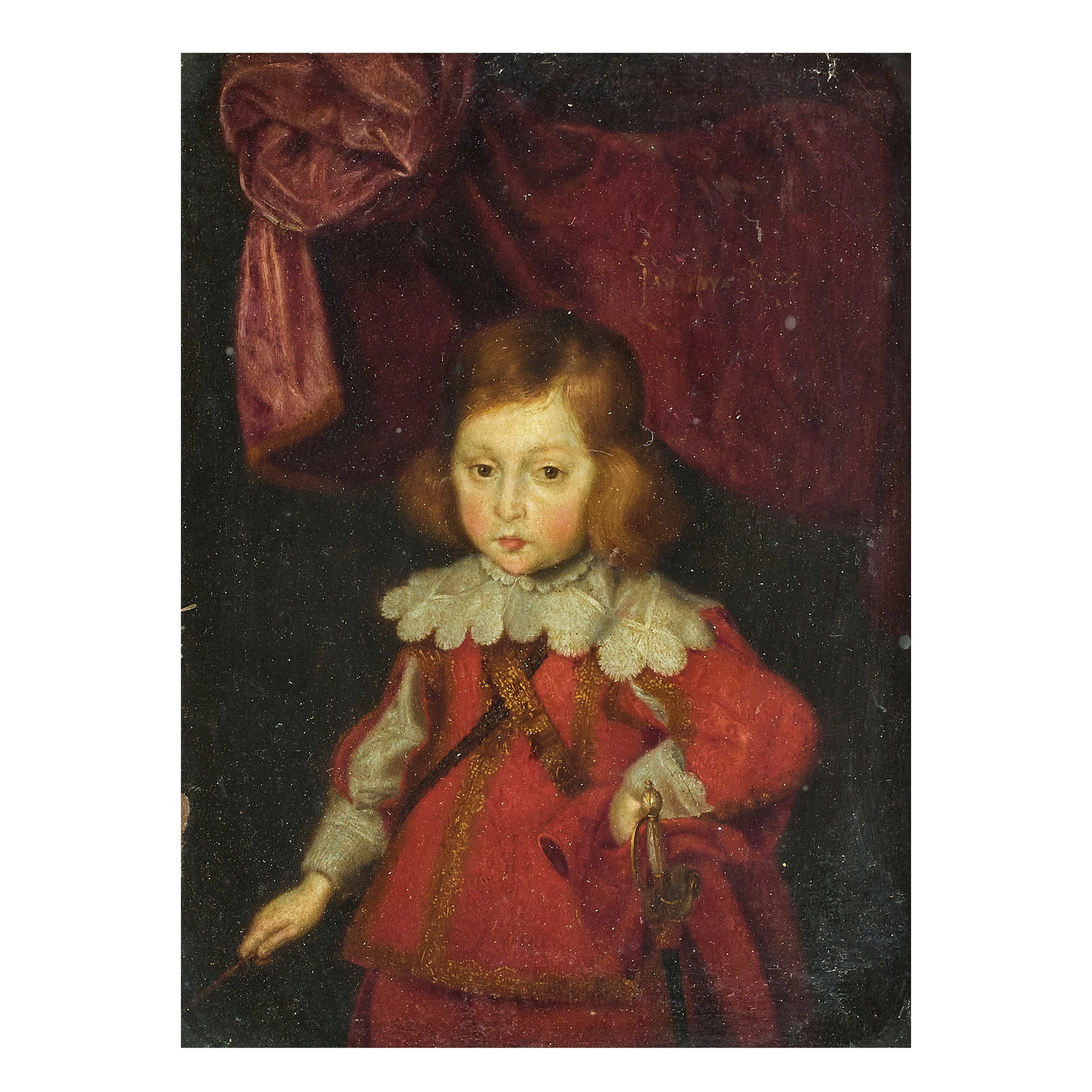 English School (17th century) Portrait of a young boy, said to be James, Duke of York, three-qua...: English School (17th century) Portrait of a young boy, said to be James, Duke of York, three-quarter length, in a red coat with lace collar inscribed 'Jacobus Rex' oil on copper 15 x 11cm (5 7/8 x 4 5