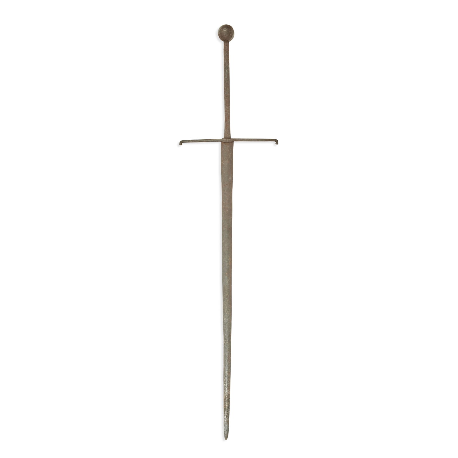 A rare English or Lowland Scottish two-hand sword: A rare English or Lowland Scottish two-hand sword Mid-16th century With broad tapering double-edged blade of flattened diamond section, iron hilt comprising straight quillons of rectangular section ch
