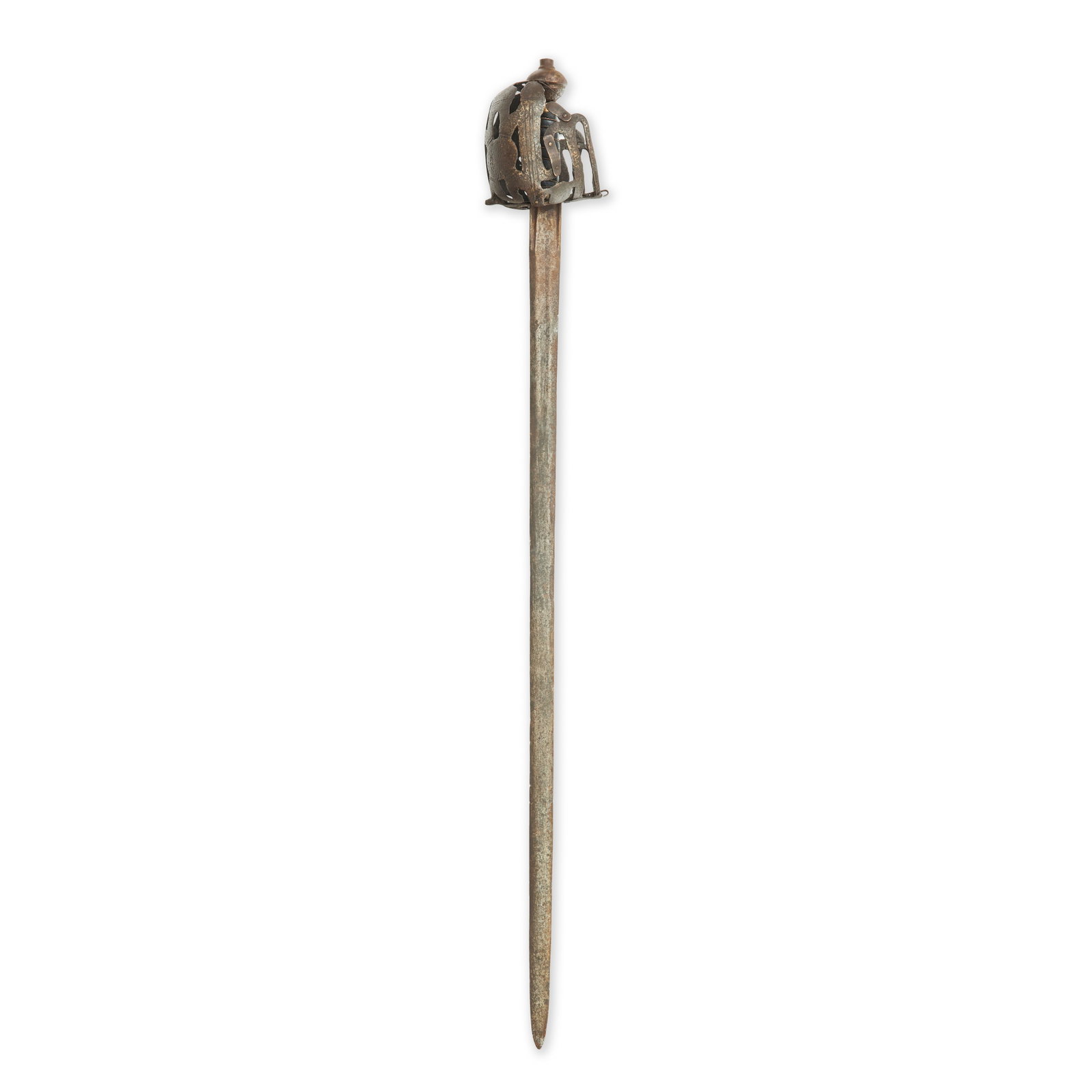 A Scottish basket-hilted broadsword: A Scottish basket-hilted broadsword Last quarter 17th century and later The tapering double-edged blade with shallow fuller over one third of its length on both sides incised with running wolf mark, '